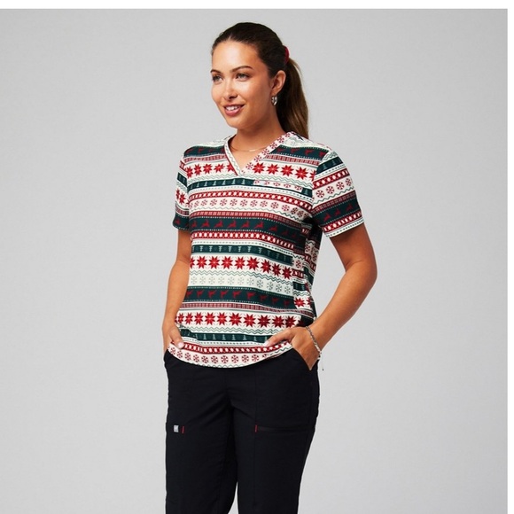 Fabletics Festive Red and Green Patterned Scrub Top - Picture 4 of 8